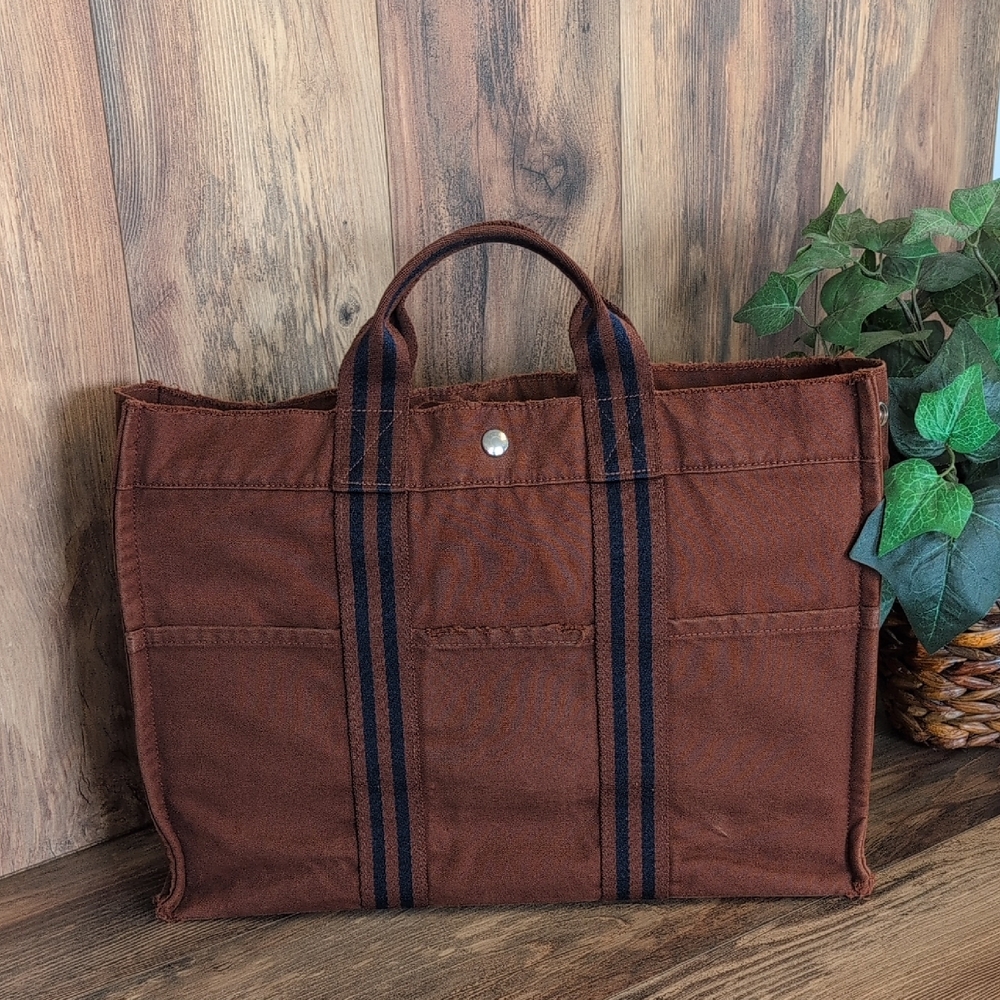 Hermes Unisex Fourre Tout MM Brown/Navy Distressed Canvas Tote - Authenticated
